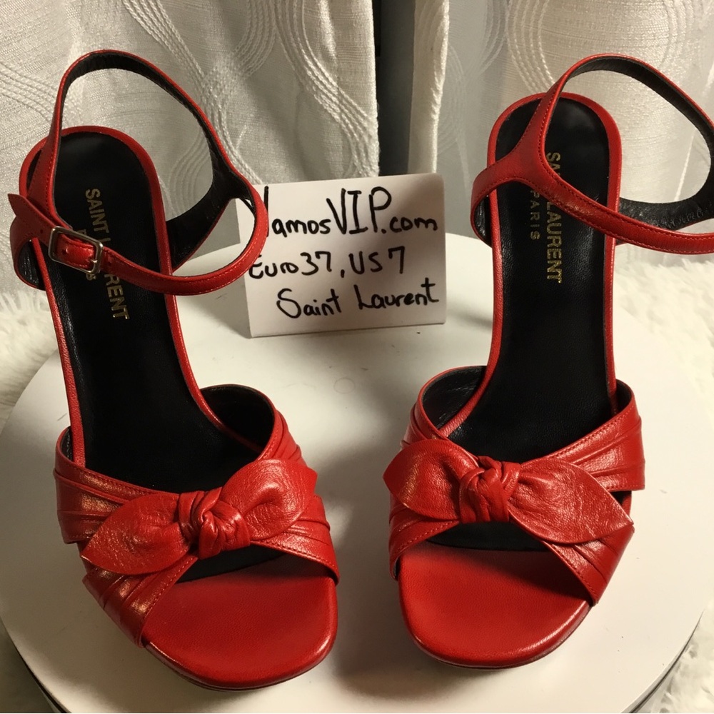 Saint Laurent Red Leather Knot Front Ankle-Strap Sandals